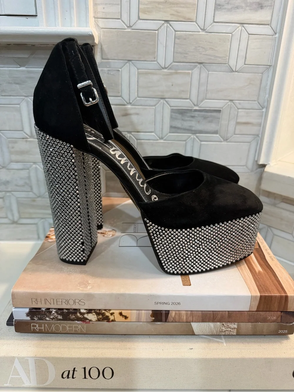 Black Rhinestone Platform Mary Jane with Ankle Strap